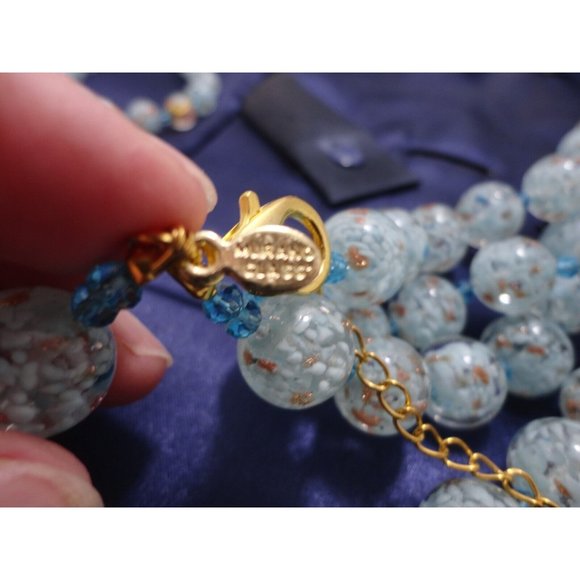 Murano Glass Bead Double Strand Necklace Bracelet Earring Set Blue Gold Stauer - Picture 5 of 11